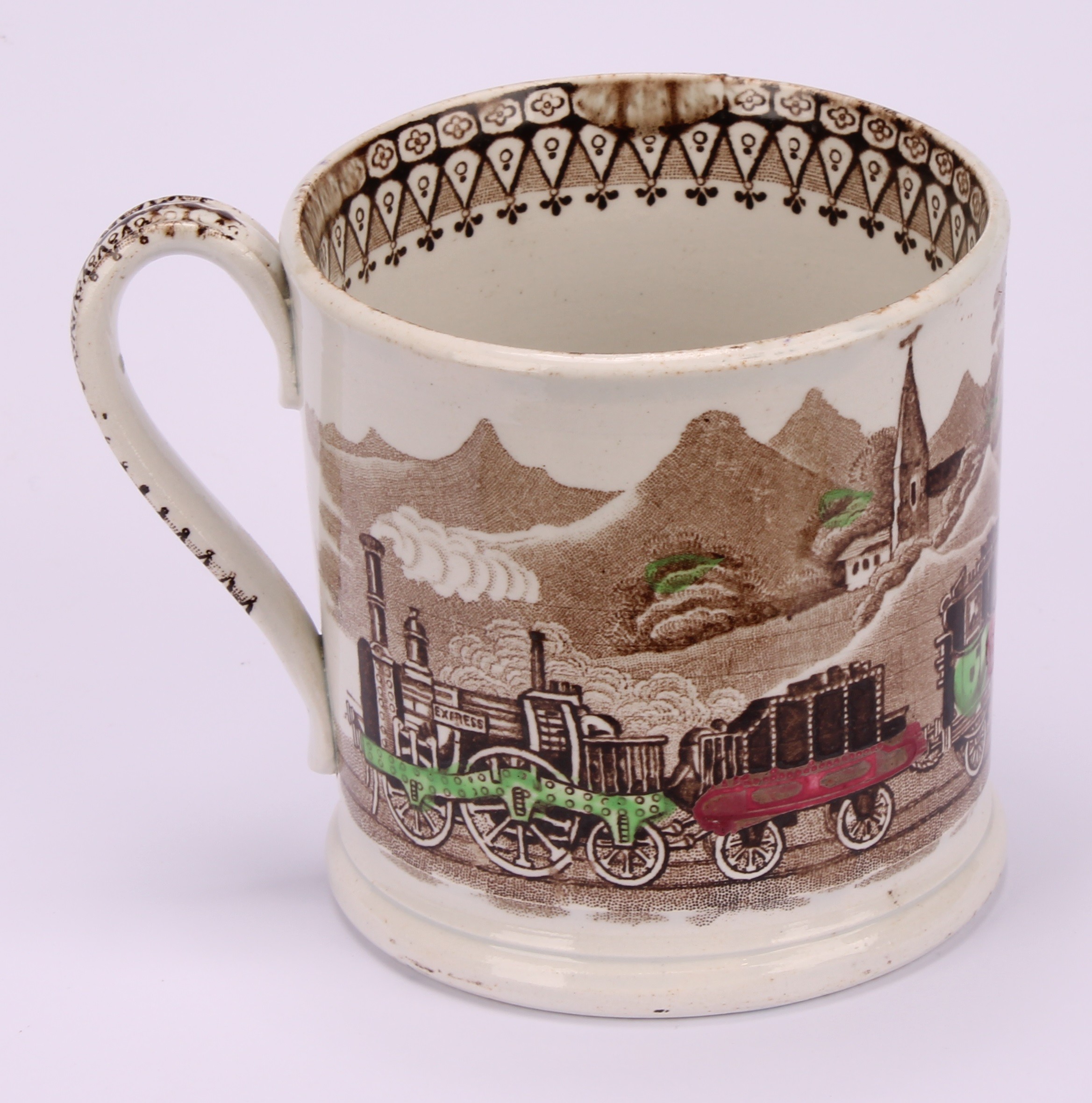 Railway Interest - steam locomotives, a 19th century Staffordshire pearlware mug, printed in sepia - Image 3 of 8