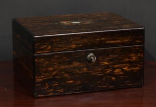 A Victorian coromandel and marquetry rectangular dressing box, hinged cover enclosing a fitted