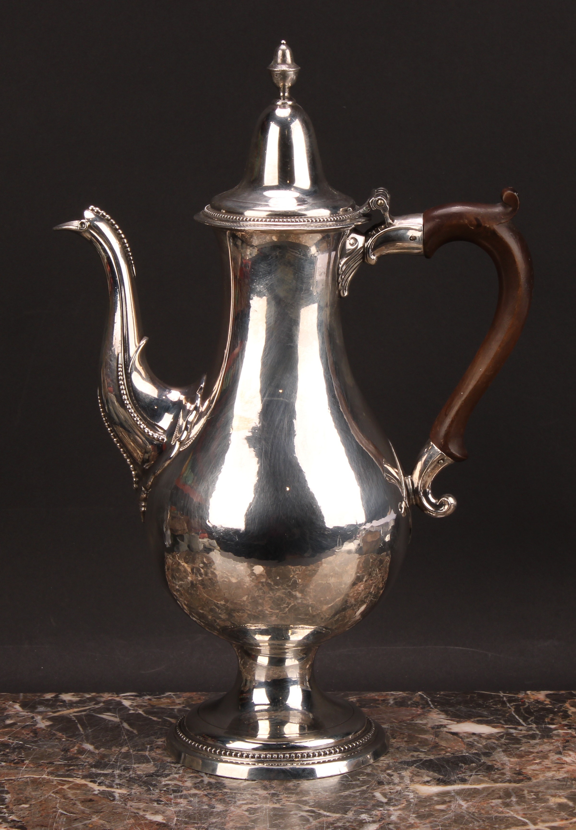 A George III provincial silver baluster coffee pot, hinged lofty domed cover with acorn finial, - Image 2 of 6