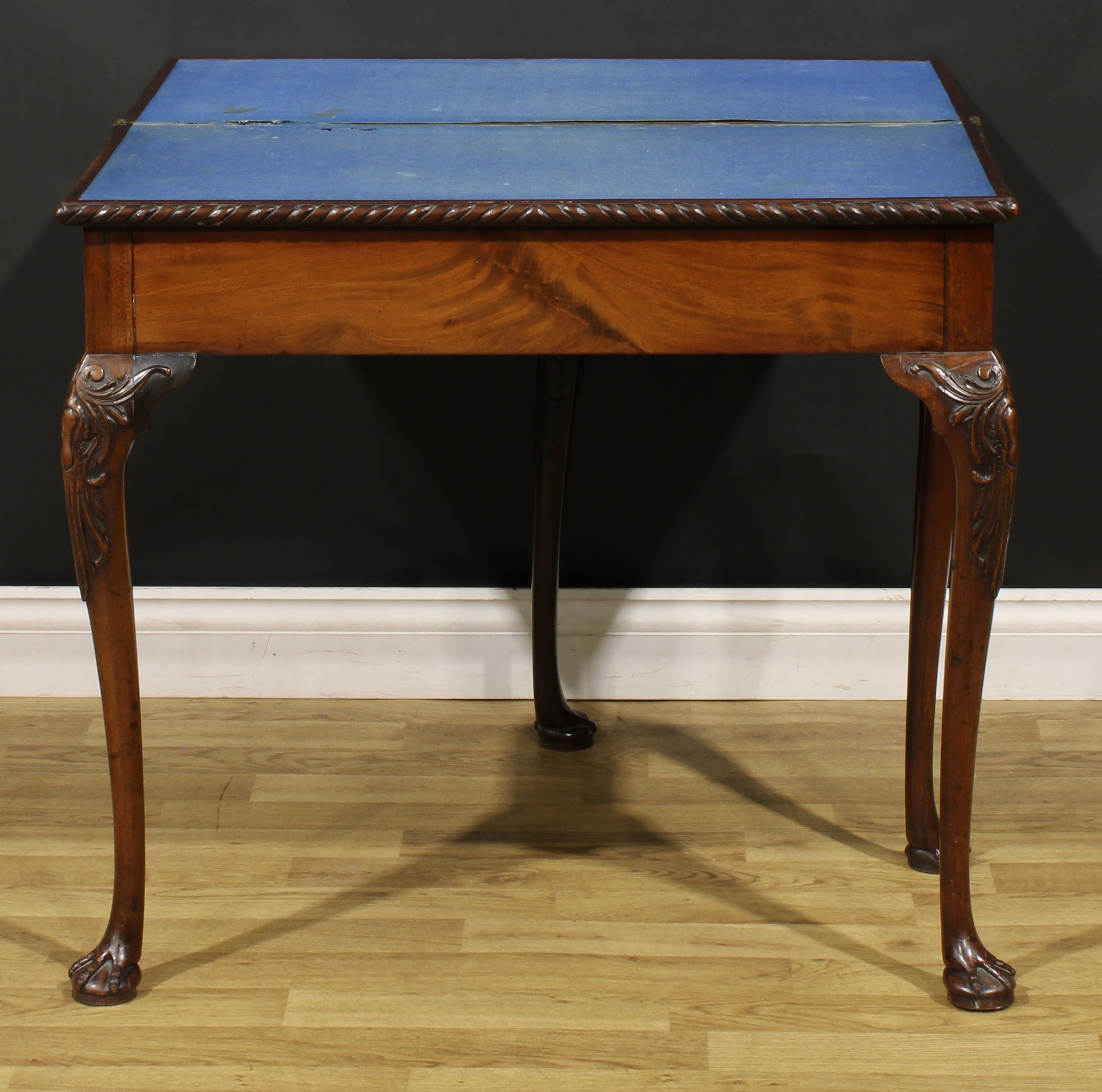 A 19th century mahogany card table, possibly Irish, hinged top with gadroon-and-ribbon edge - Image 3 of 6