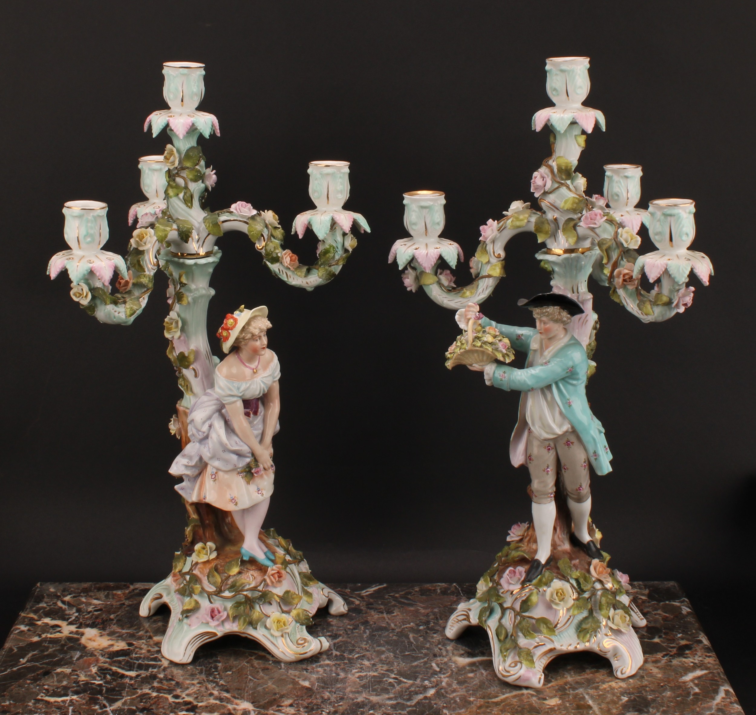 A pair of Sitzendorf figural four-light candelabra, modelled as a courting couple, each painted in - Image 2 of 10