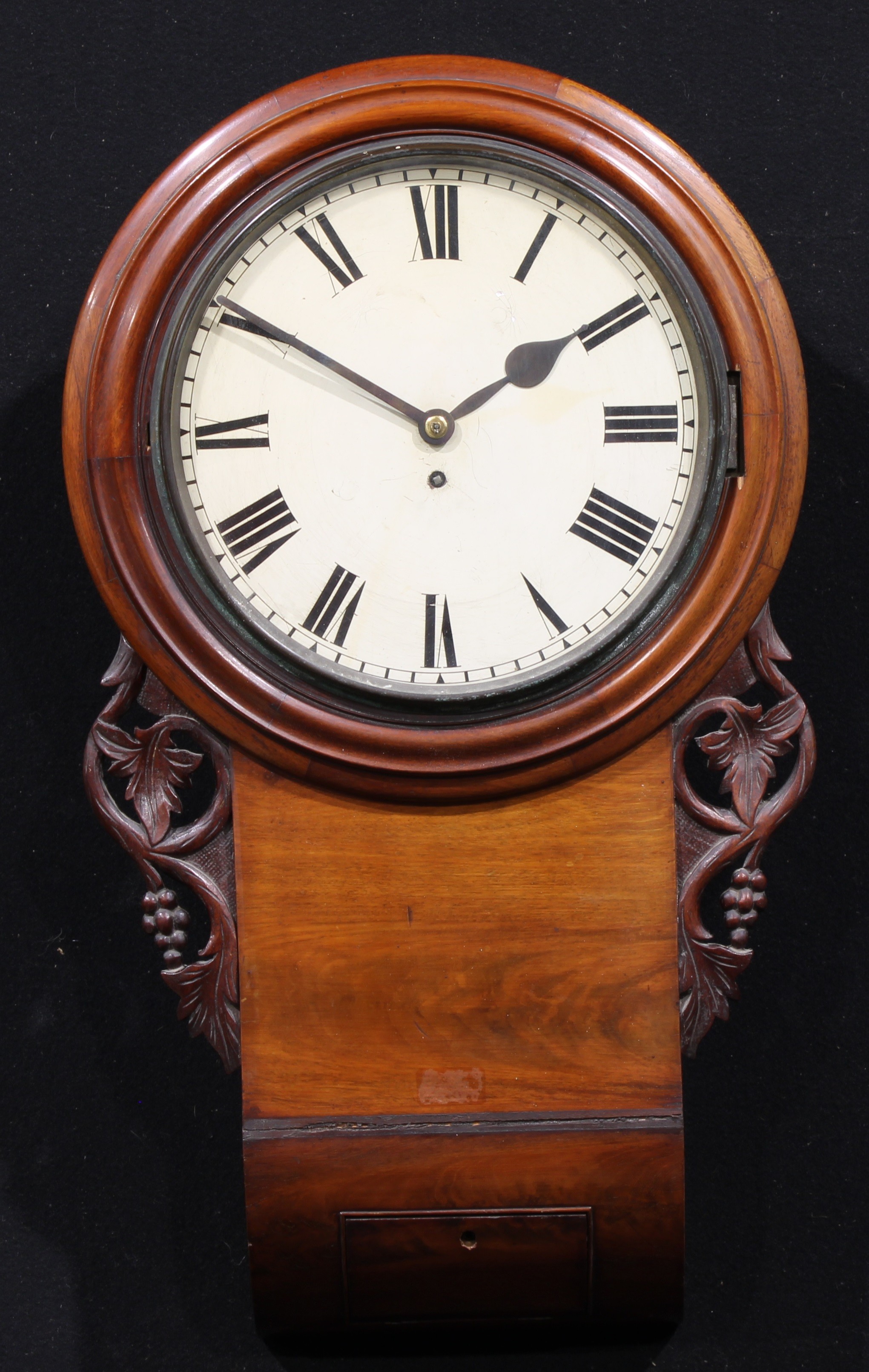 A late Victorian mahogany wall timepiece, 28.5cm circular clock dial inscribed with Roman