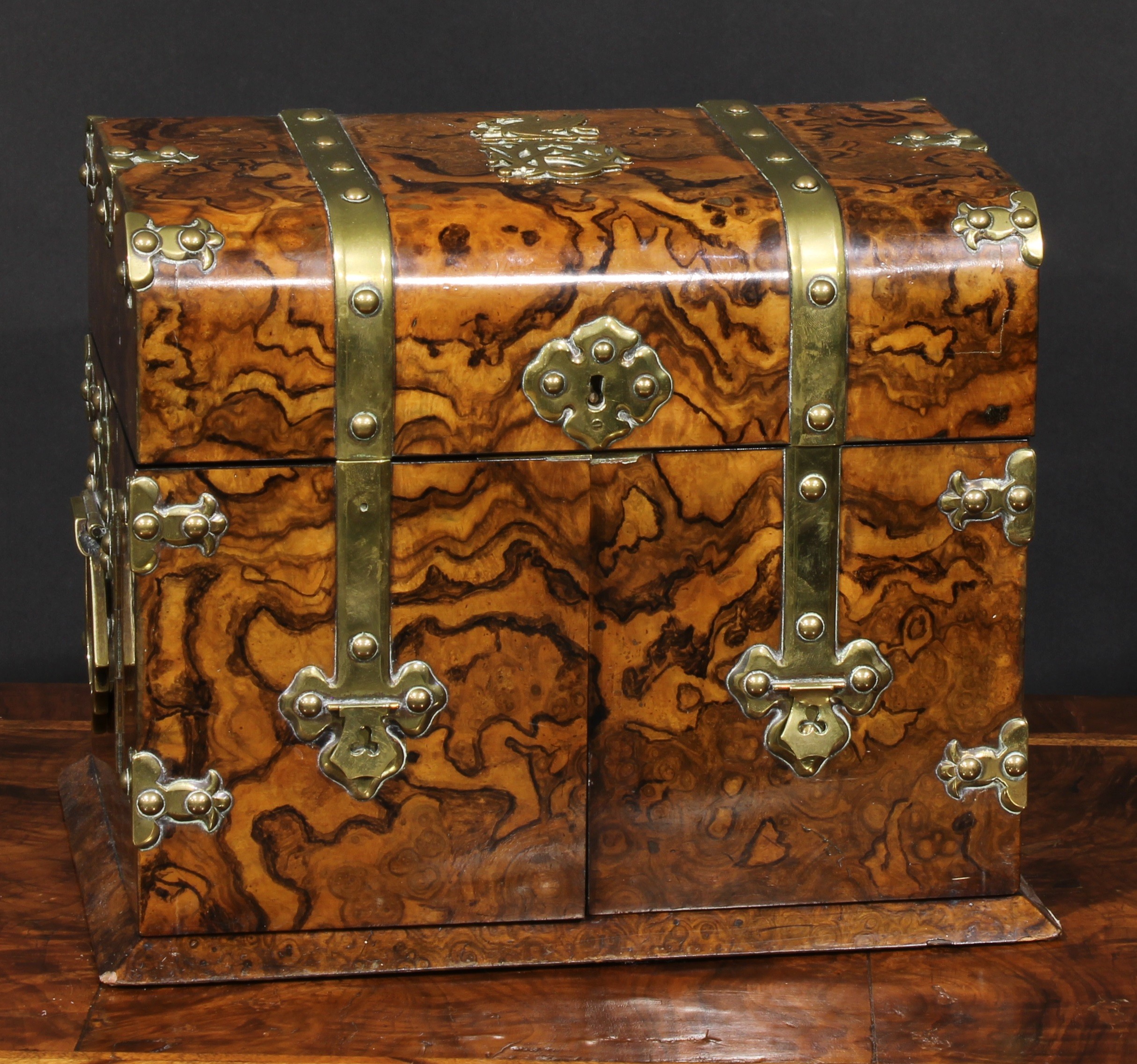 A Victorian brass mounted walnut rectangular liquor chest, the mounts cast in the Gothic manner, - Image 3 of 4