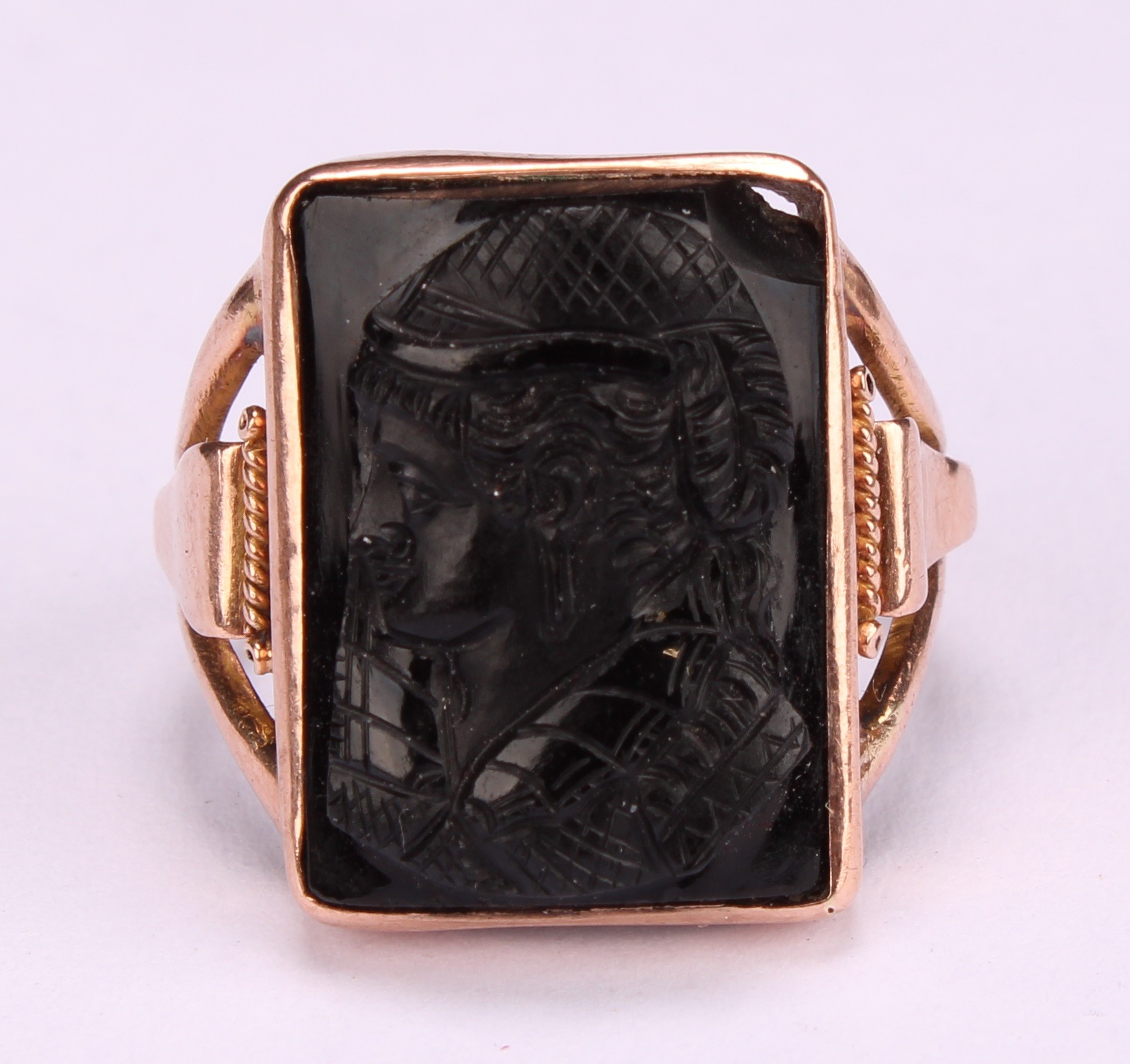 A Victorian black onyx glass mourning ring, rectangular cameo panel bust portrait of a figure with - Image 4 of 4
