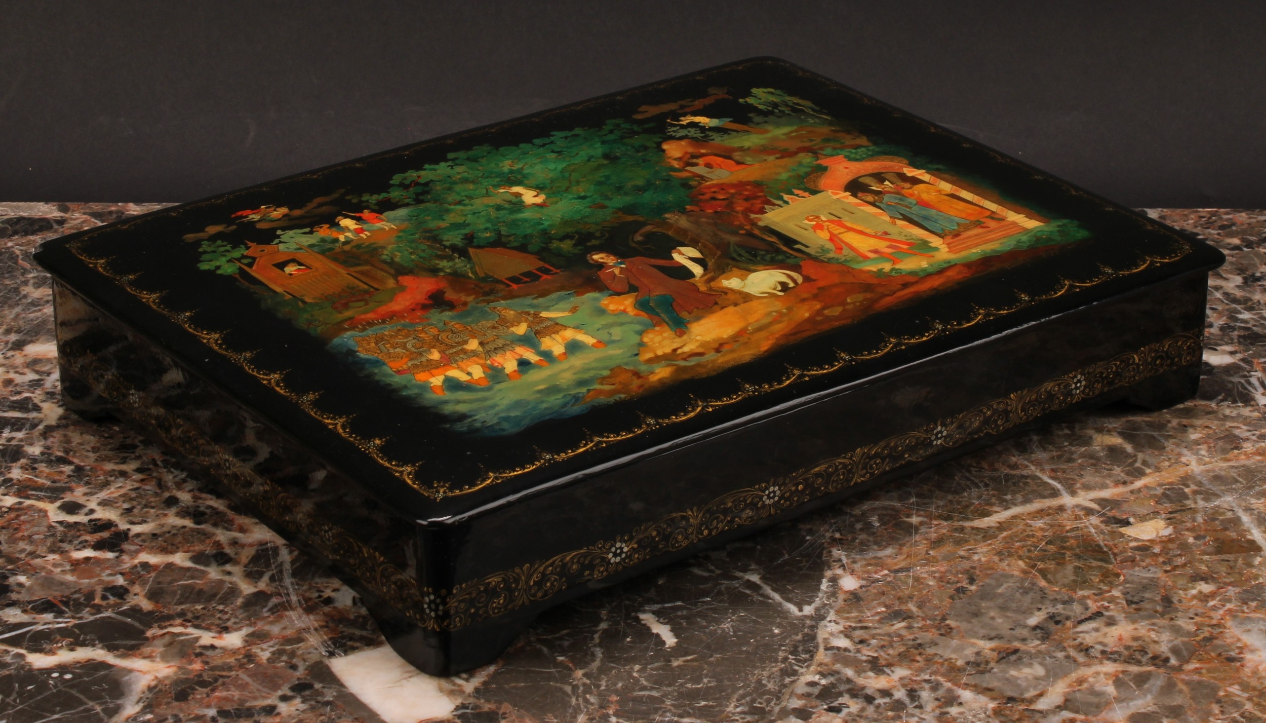 A Russian lacquer rectangular box, the hinged cover painted in polychrome with a narrative scene, - Image 3 of 4