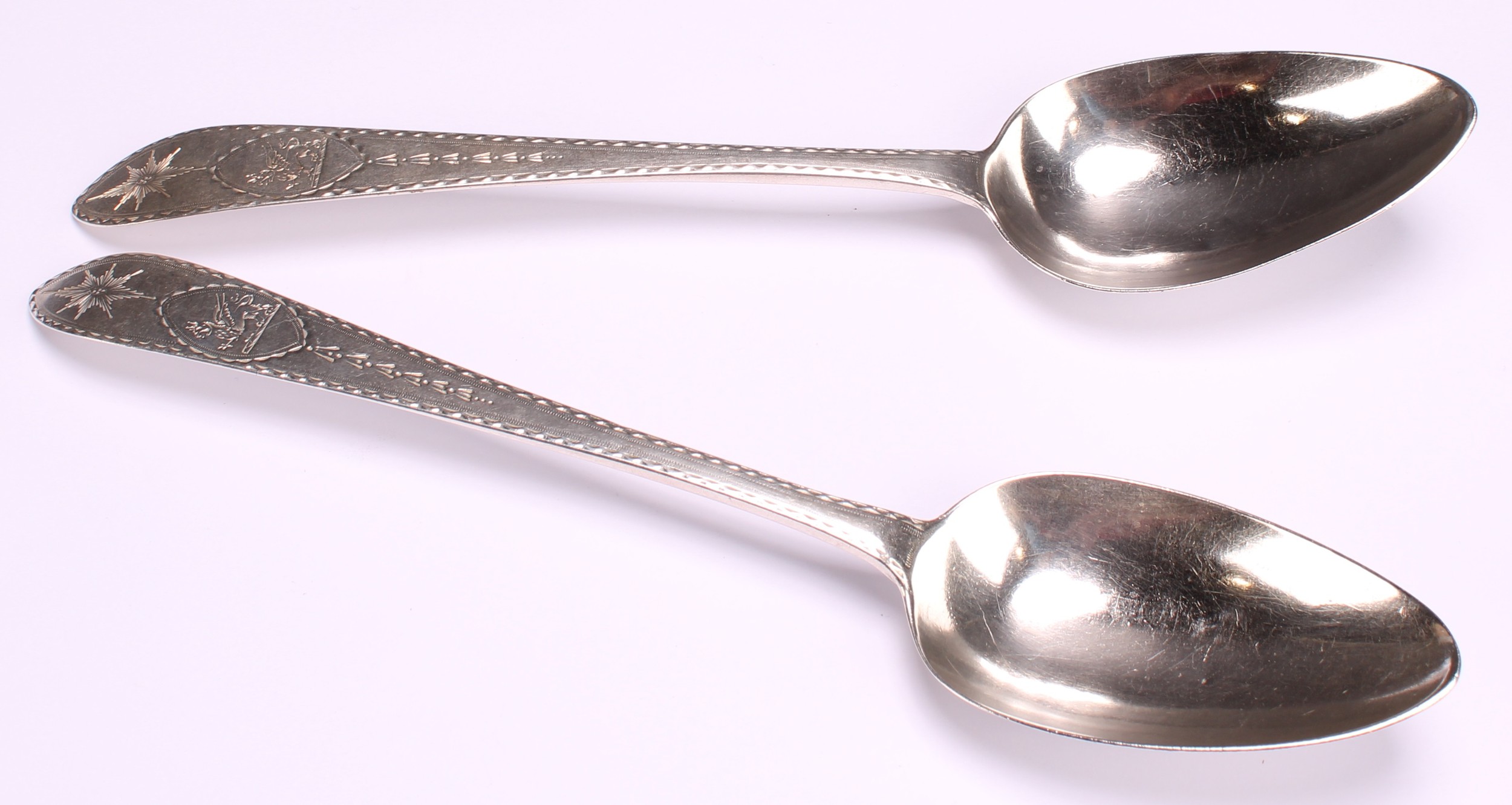 A pair of George III Irish Bright-cut Celtic Point pattern table spoons, 22.5cm long, Michael - Image 2 of 5