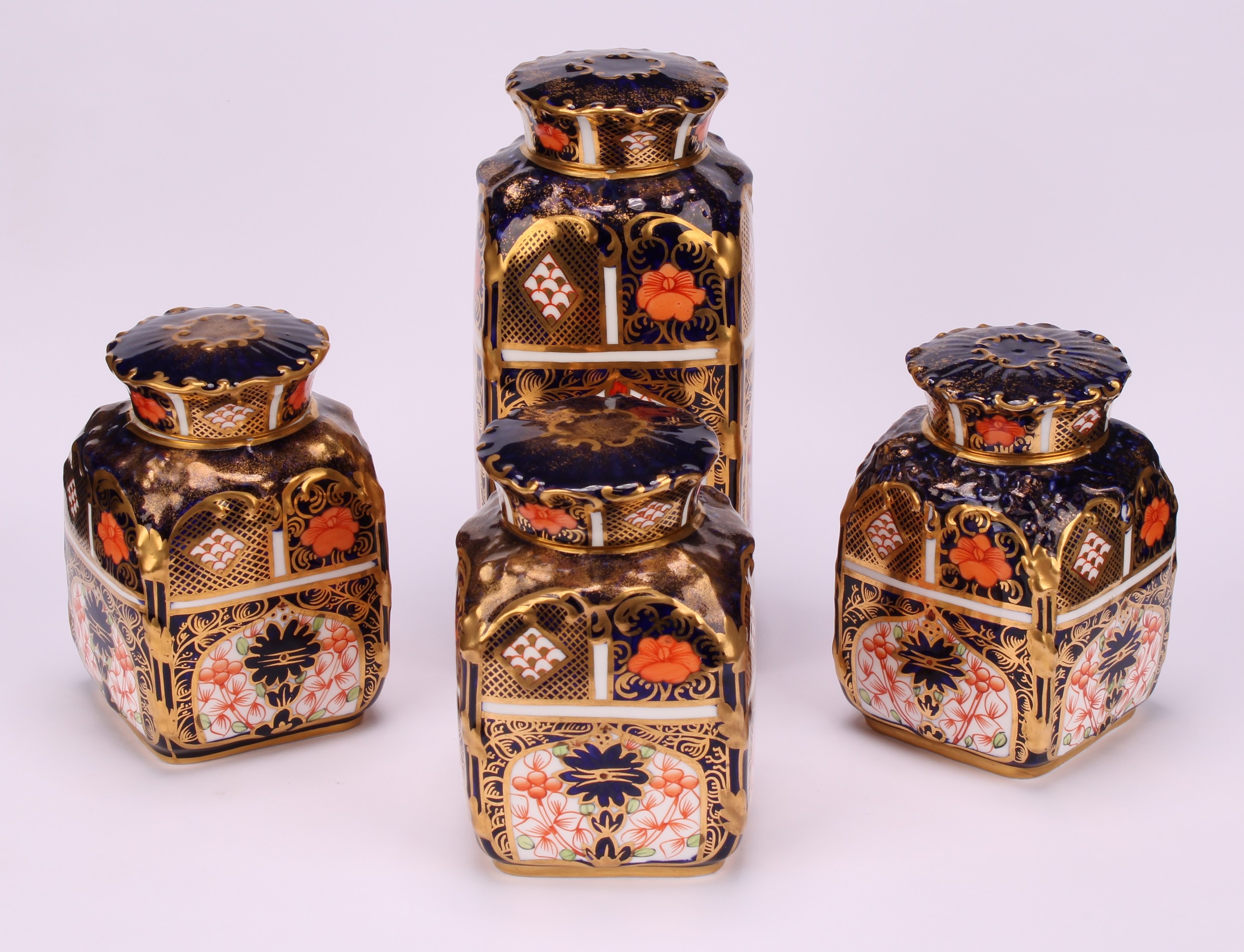 A set of three Royal Crown Derby 1128 pattern shaped rectangular caddies, shaped circular covers, - Image 2 of 19