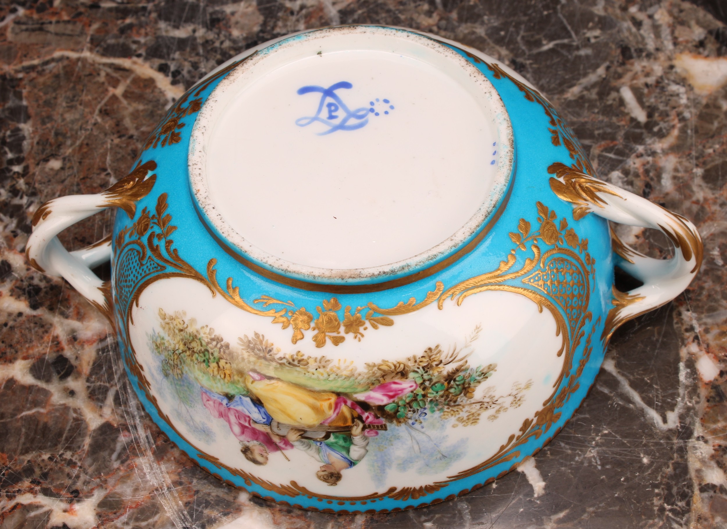 A Continental porcelain eculle and cover, painted with courting couples in a pastoral idyl, within - Image 8 of 8