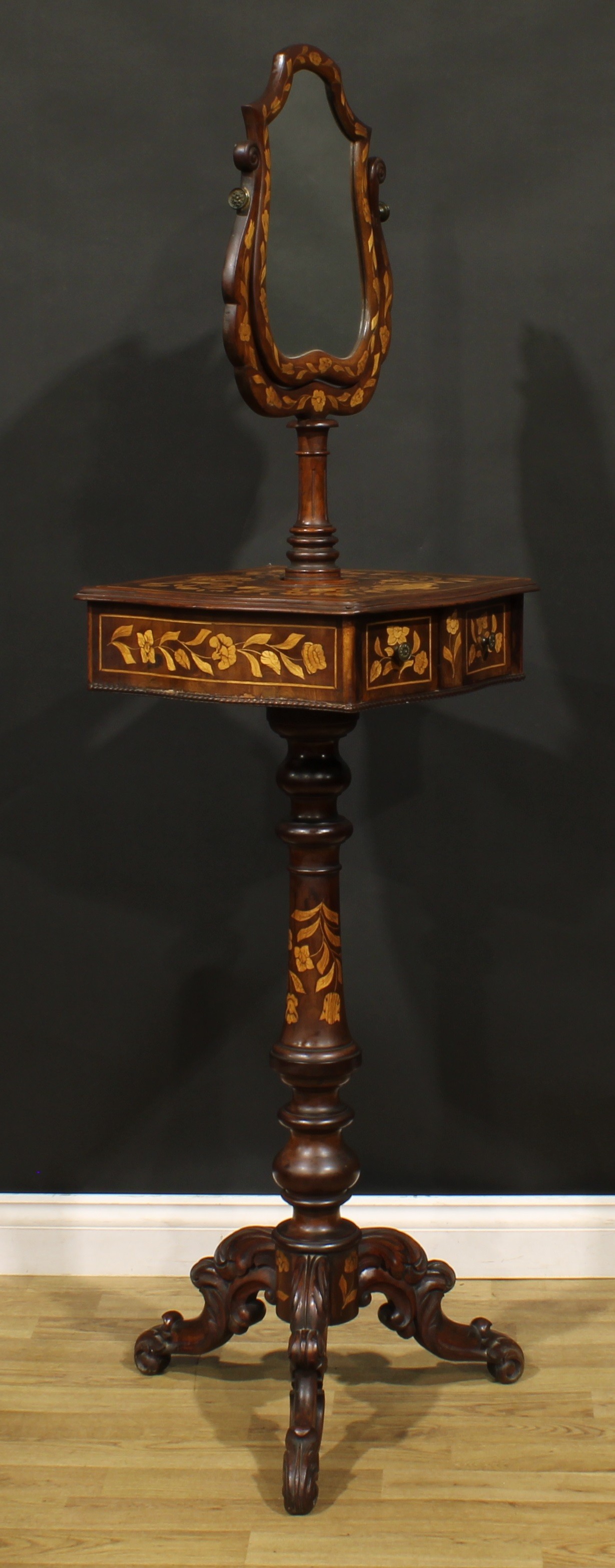 A 19th century Dutch marquetry tripod shaving stand, shaped mirror plate, serpentine square - Image 2 of 5