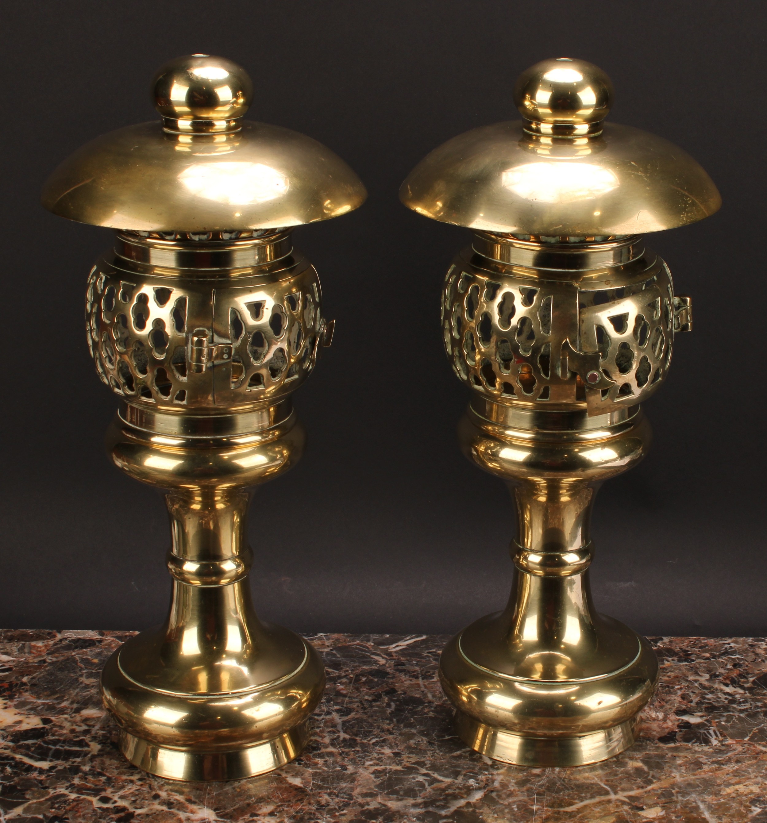 A pair of 19th century brass pagoda temple lamps, each with domed oversailing canopy above a pierced - Image 3 of 4