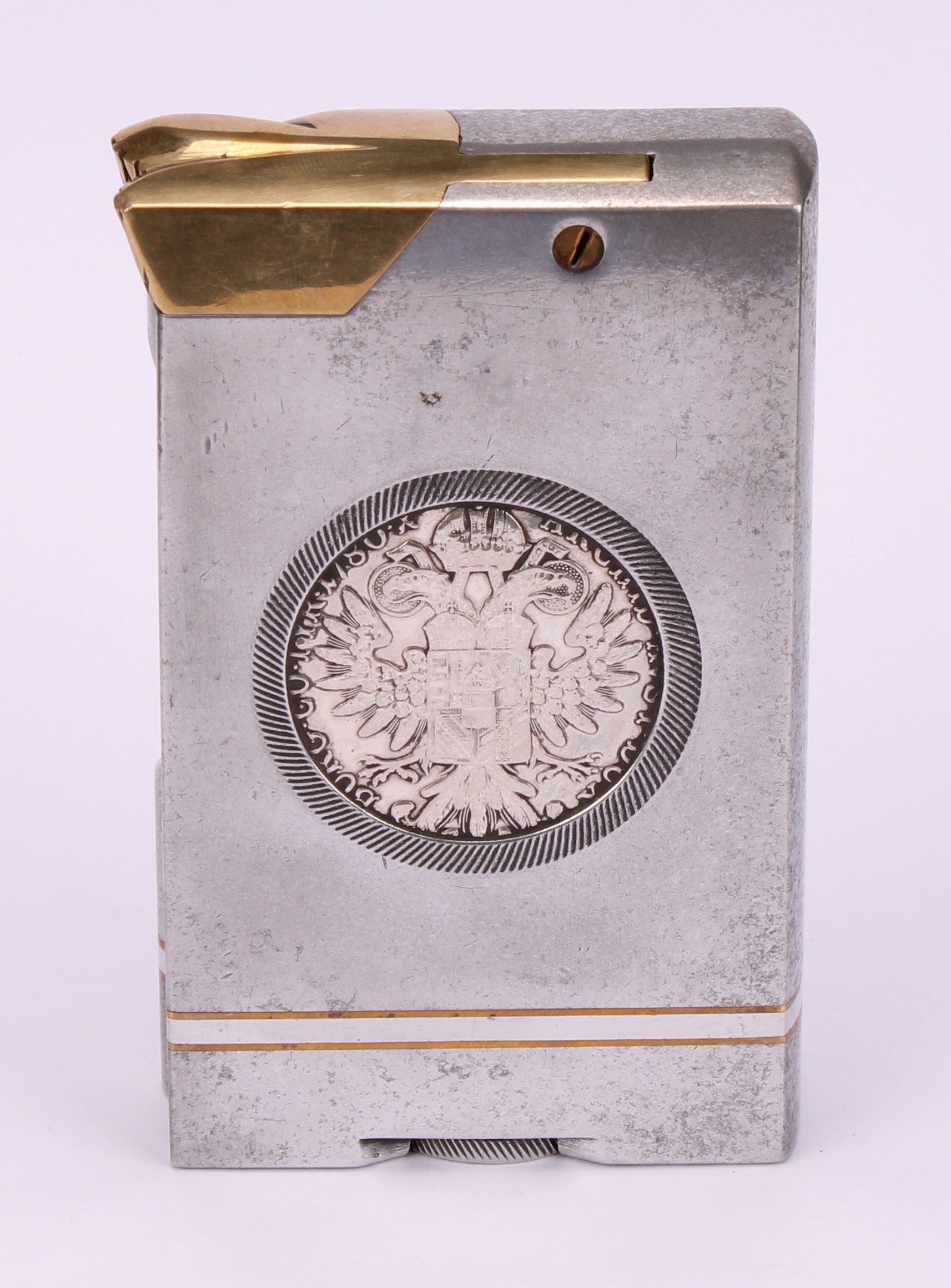 An unusual Trench Art style aluminium and brass table lighter, inset with two Austrian silver - Image 5 of 5