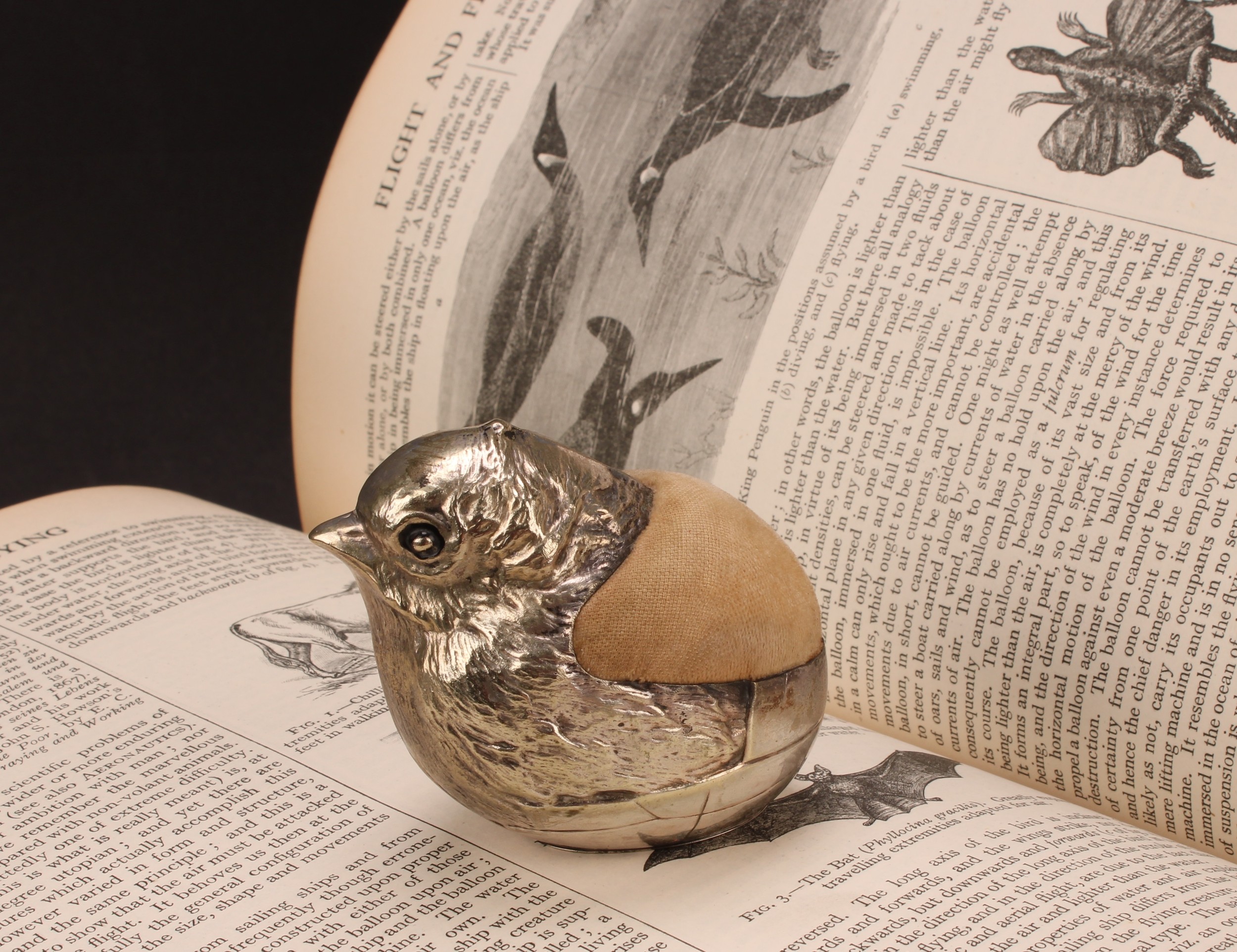 A large Edwardian novelty EPNS pincushion as a chick in a partial egg shell, 6cm high