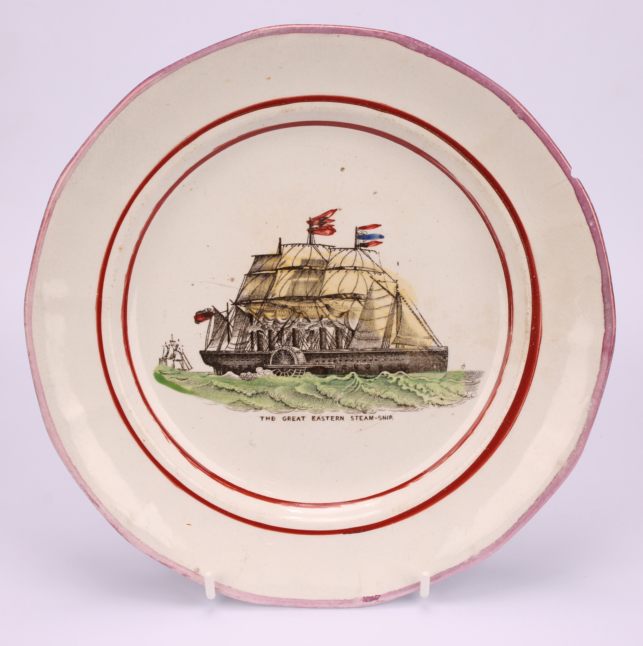 A Sunderland lustre prattware plate, The Great Eastern Steam-Ship, printed in sepia tones, picked - Bild 2 aus 3