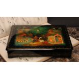 A Russian lacquer rectangular box, the hinged cover painted in polychrome with a narrative scene,