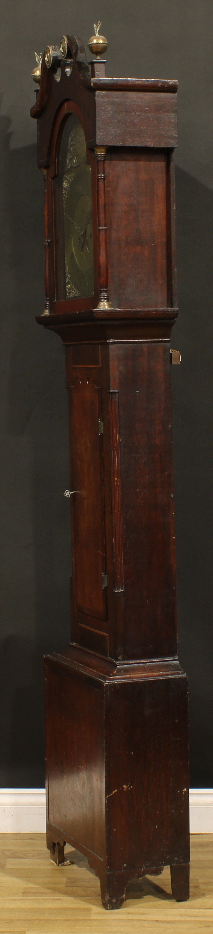 A George III Cornish oak and mahogany longcase clock, 33cm arched brass dial inscribed Roger - Image 3 of 6