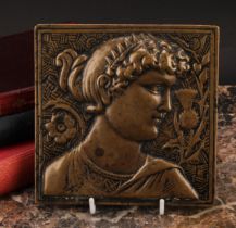 An early 20th century bronze plaque or tile, as Diana, after a design by Minton, Hollins & Co.,