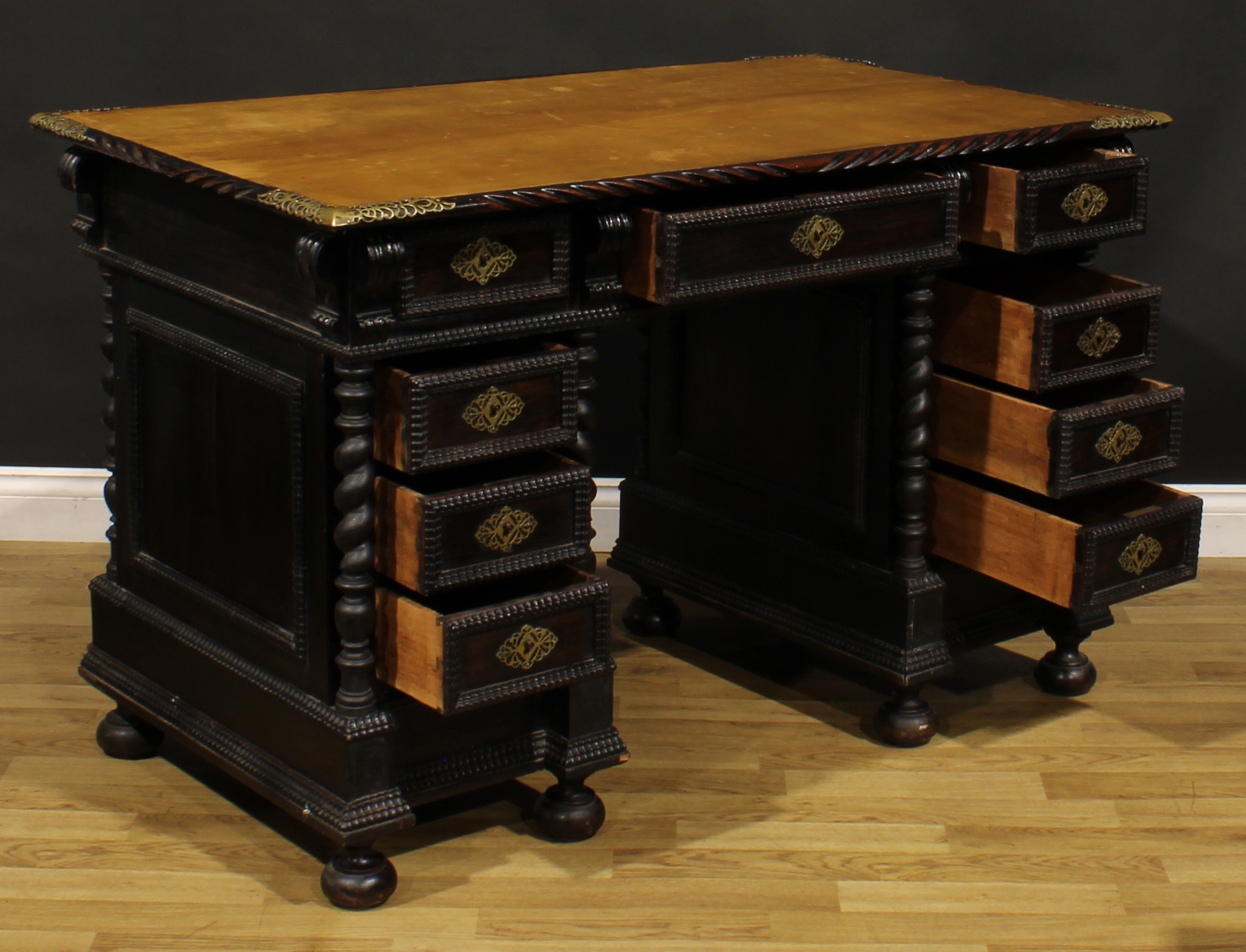 A 19th century Portuguese Baroque Revival twin pedestal desk, rectangular top with inset writing - Image 4 of 4