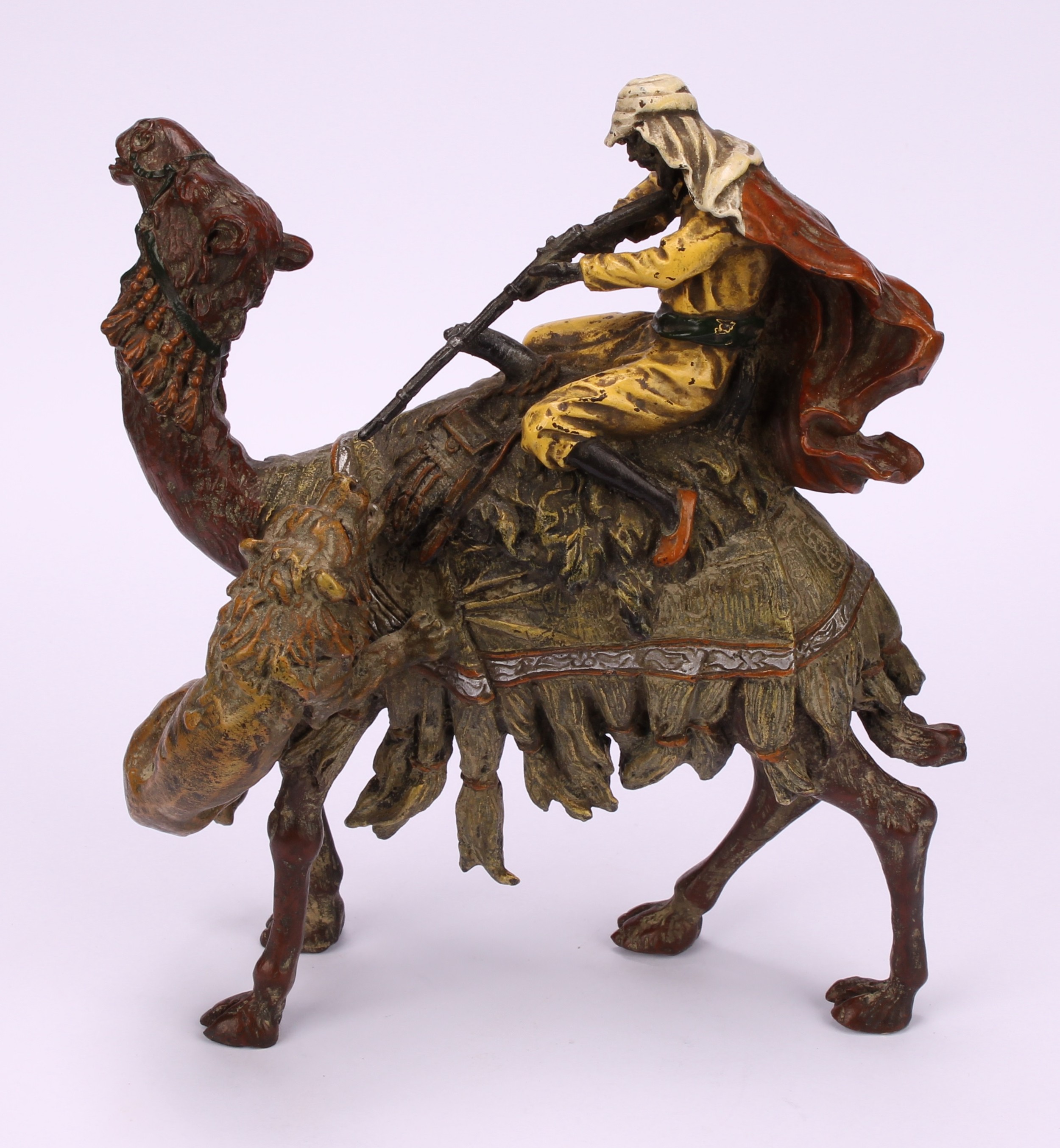 An Austrian cold painted bronze, in the manner of Bergman, of an Arab warrior on a camel, under - Image 2 of 5