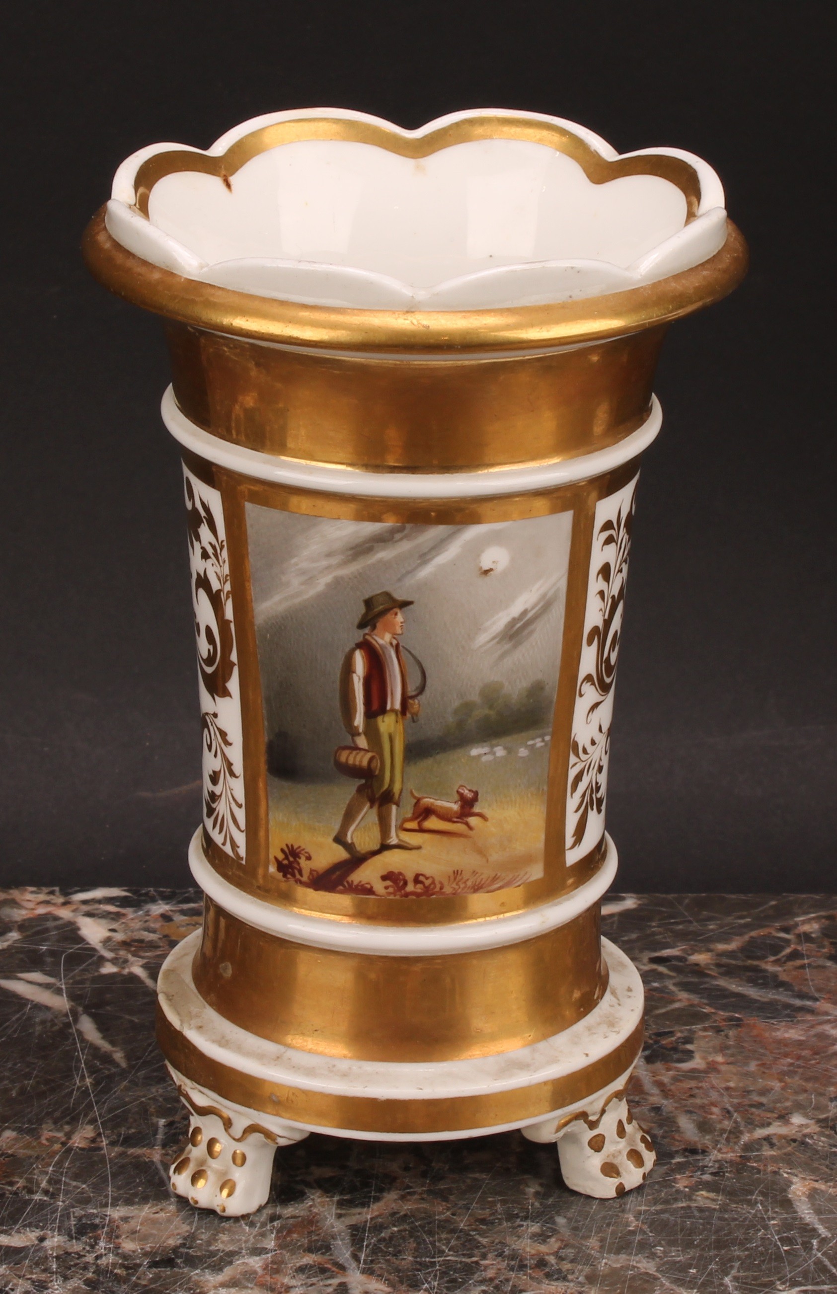 An English porcelain flared cylindrical spill vase, probably Rockingham, painted with pink peonies - Image 3 of 6