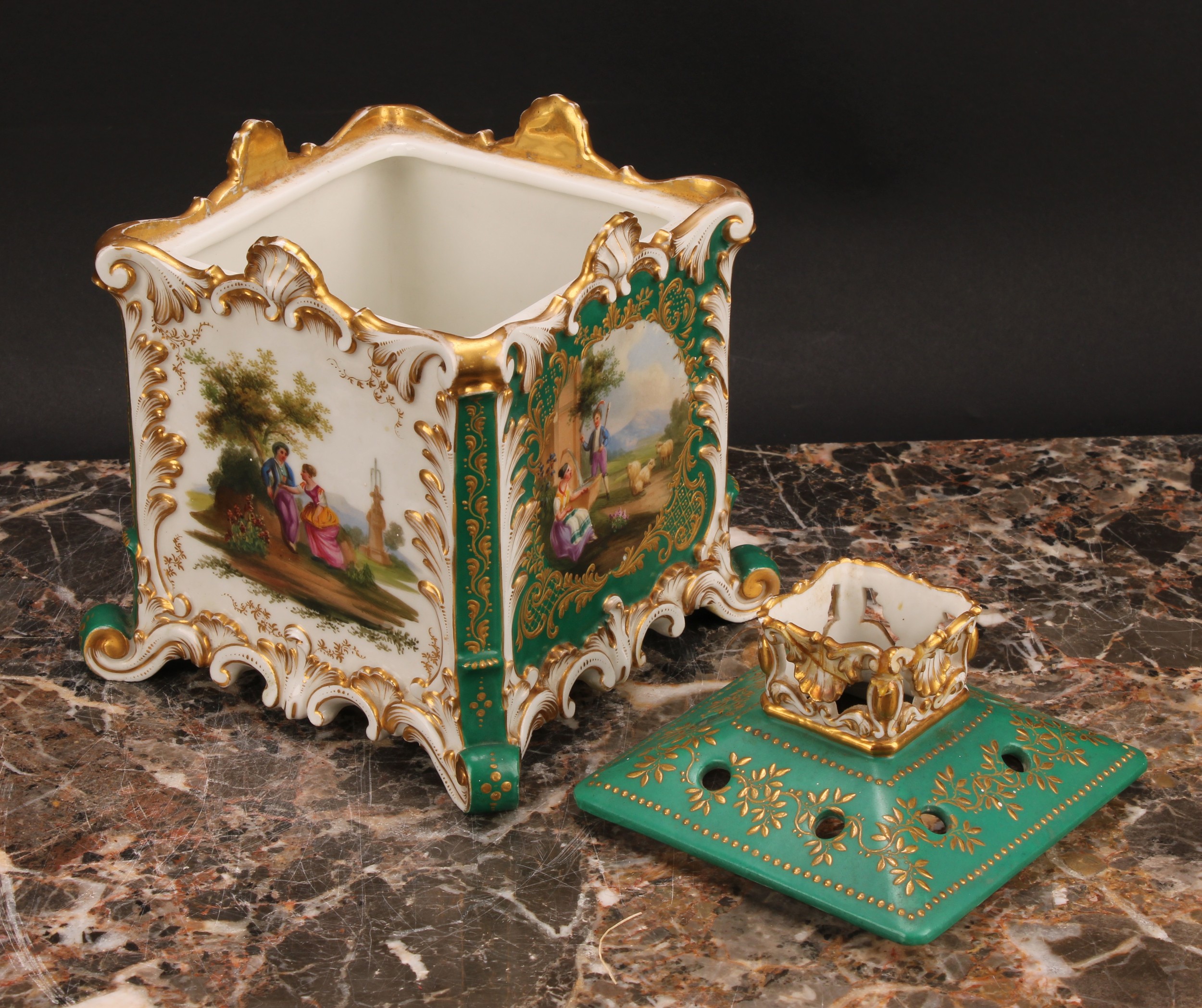 A 19th century Jacob Petit, Paris, porcelain pot pourri, of square form, each side decorated with - Image 4 of 6