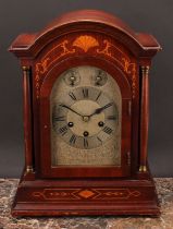 An early 20th century mahogany and marquetry musical mantel clock, 18cm silvered dial inscribed with