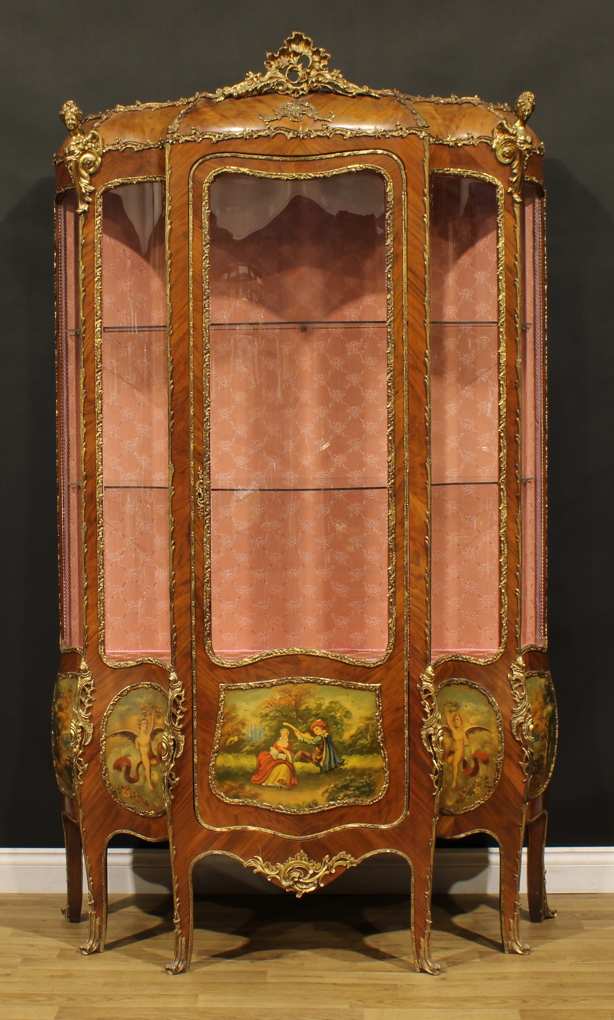 A large Louis XV Revival gilt metal mounted walnut and vernis Martin serpentine vitrine, three - Image 2 of 2