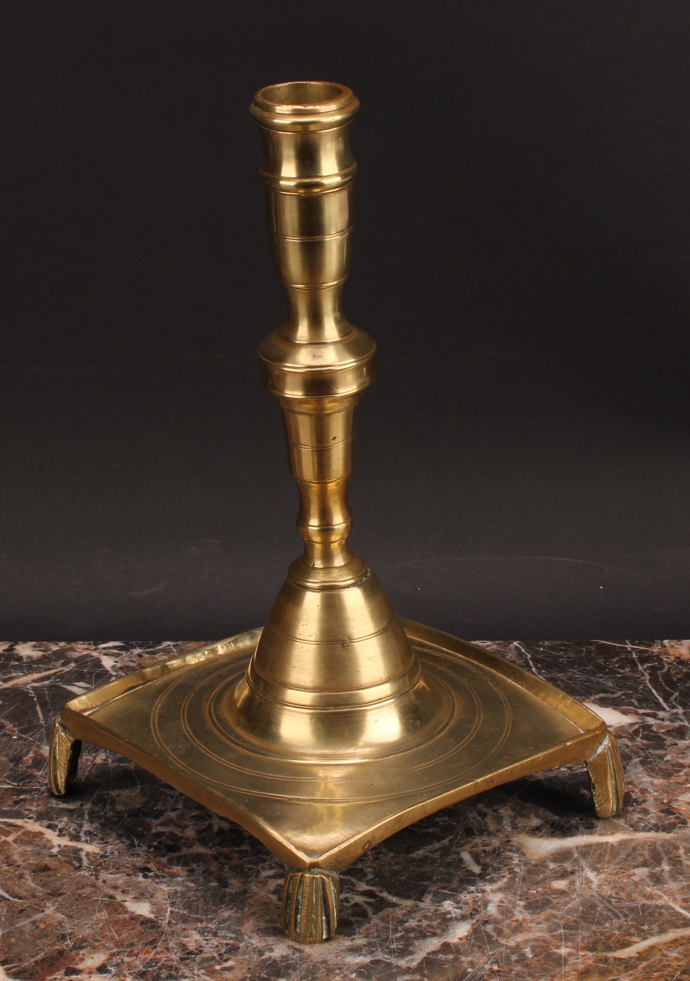 A Spanish brass tray base socket candlestick, knopped pillar, domed socle, fluted feet, 25cm high, - Image 3 of 3