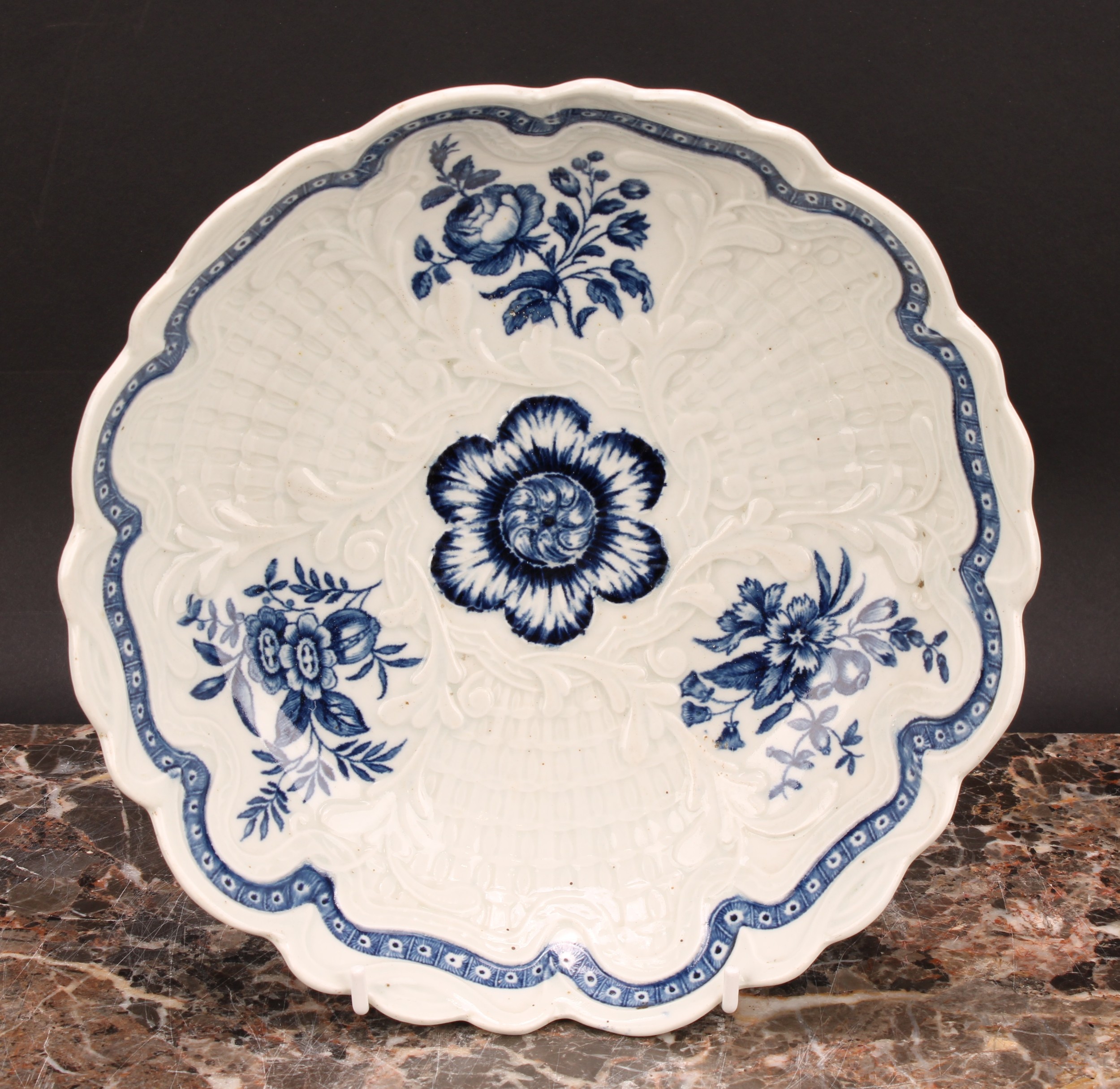 A Worcester shaped circular junket dish, moulded in relief with foliage and basketwork, decorated in - Image 2 of 5