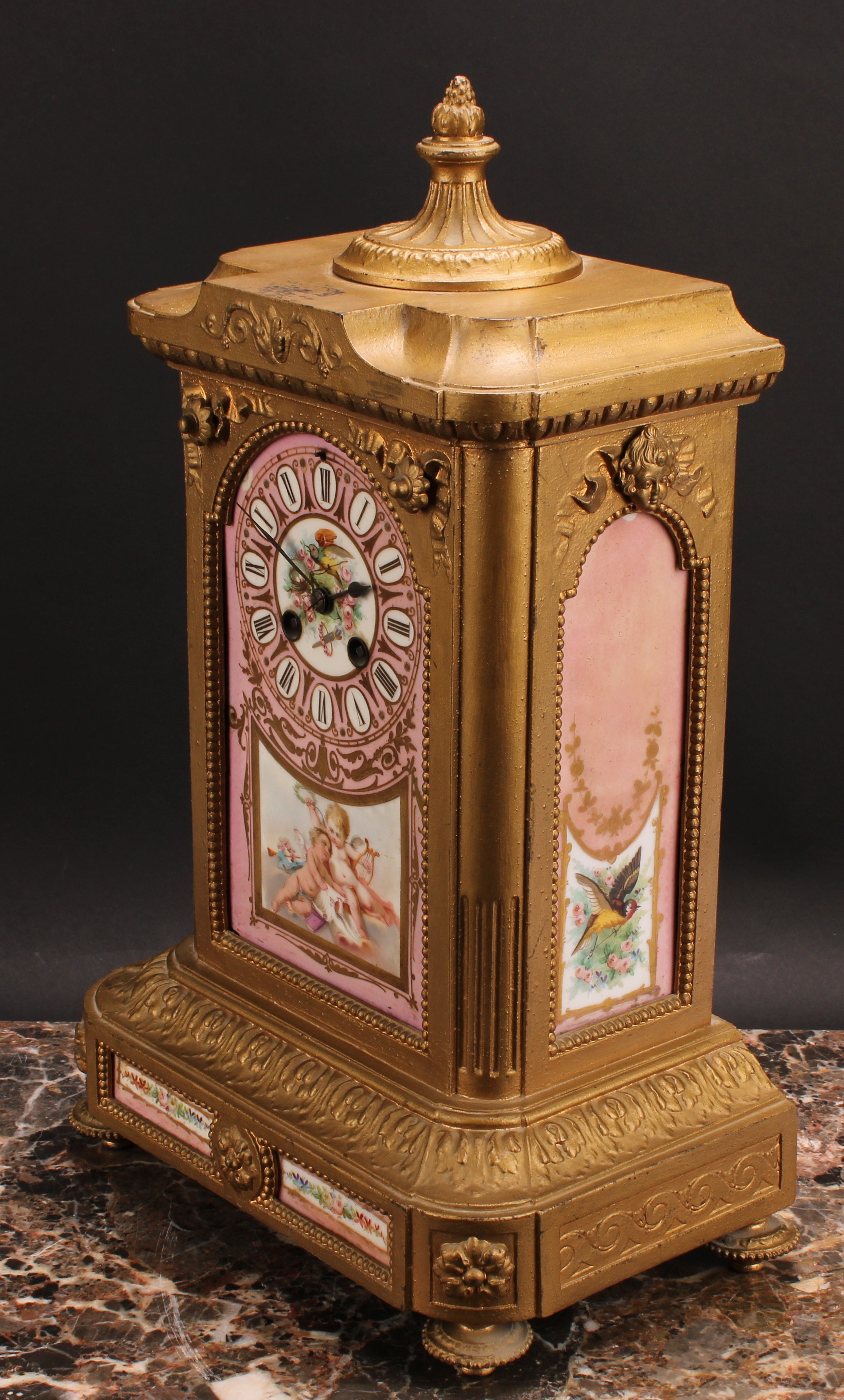 A late 19th century French spelter and porcelain mantel clock, the panel inscribed with Roman - Image 3 of 4