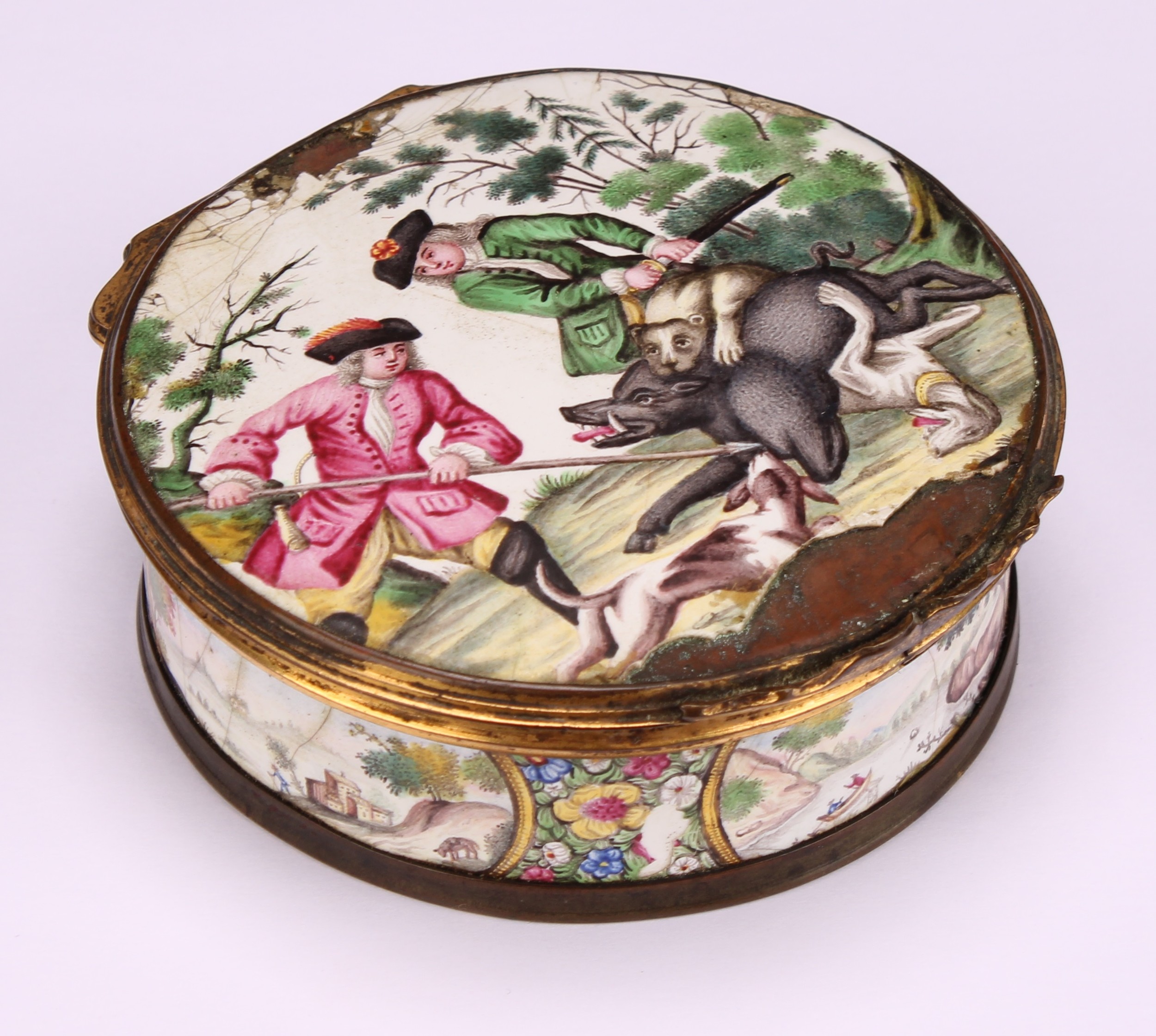 An 18th century enamel circular table snuff box, the stand-away hinged cover painted in polychrome - Image 3 of 5