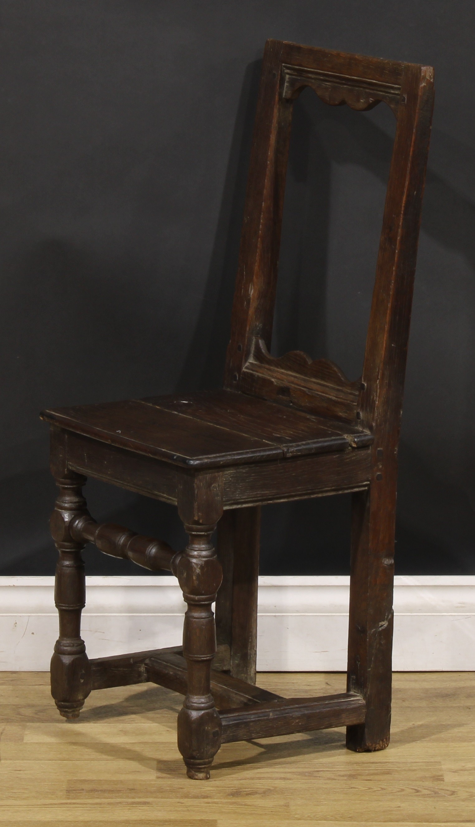 A near pair of 17th century oak backstools, boarded seats, turned legs and stretchers, one - Image 8 of 9