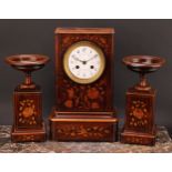 A 19th century French rosewood and marquetry mantel clock garniture, 10cm enamel dial inscribed with