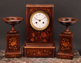 A 19th century French rosewood and marquetry mantel clock garniture, 10cm enamel dial inscribed with