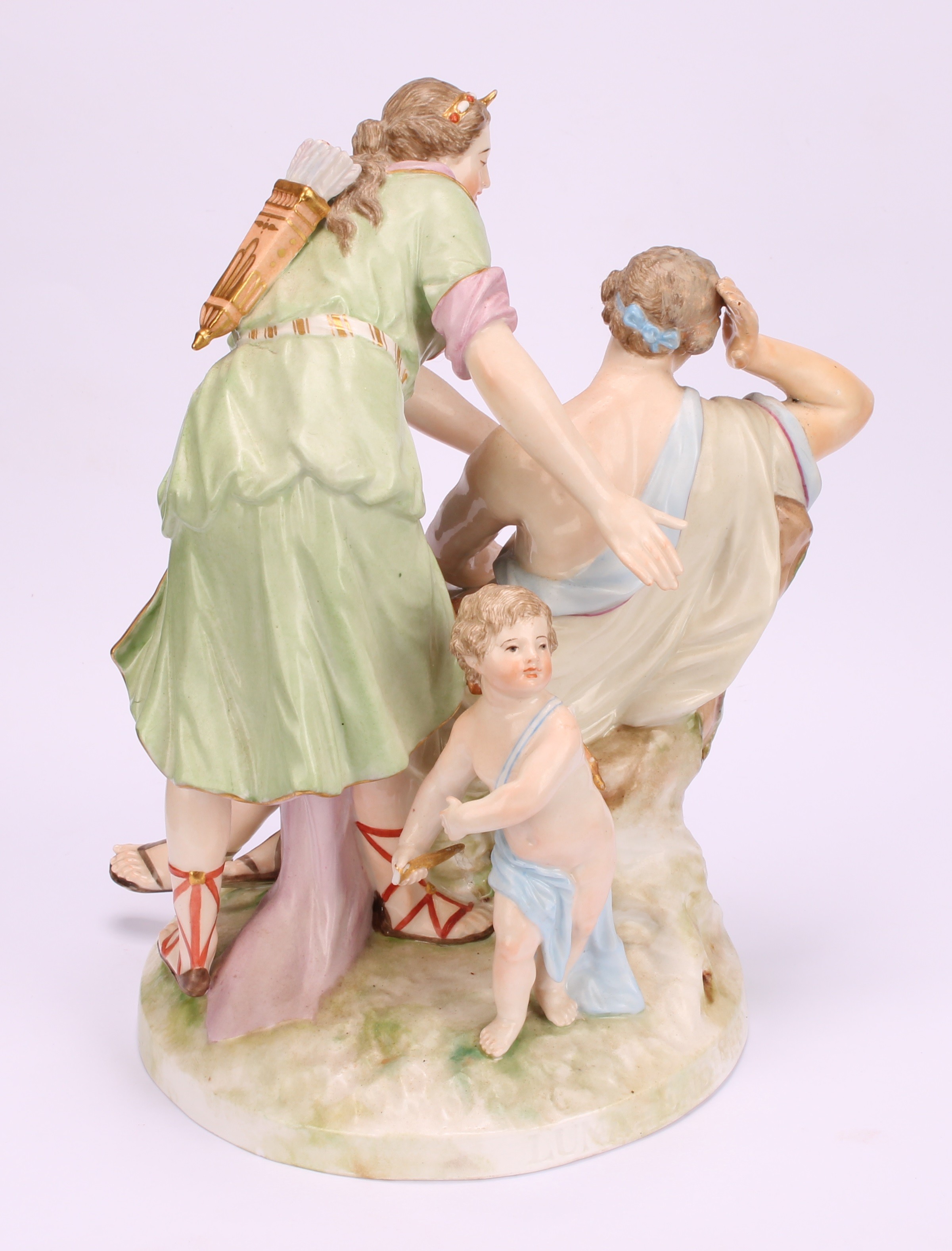 A 19th century K.P.M. Berlin porcelain figure group, Luna-Endimio, depicting Diana and shepherd, - Image 9 of 10