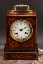 A late 19th century French rosewood and marquetry mantel clock, 7.5cm circular dial inscribed with