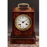 A late 19th century French rosewood and marquetry mantel clock, 7.5cm circular dial inscribed with