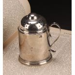 A George II silver kitchen pepper, domed pierced cover, scroll handle, skirted base, 8.5cm high,
