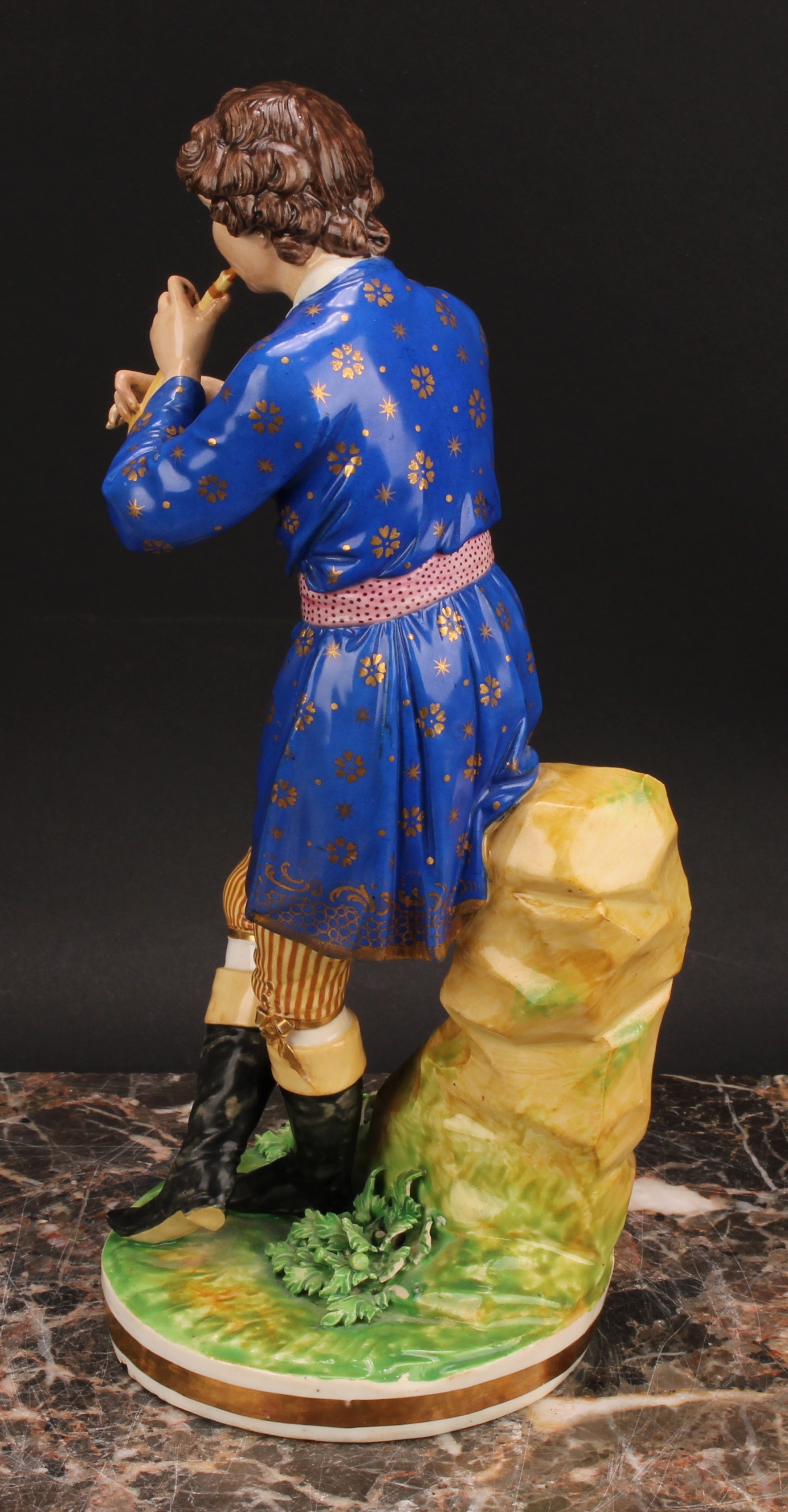 A pair of Bloor Derby figures, of a musician and his companion, he seated on rocky outcrop playing - Image 5 of 10