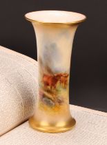 A Royal Worcester trumpet shaped vase, painted by Harry Stinton, signed, with highland cattle in a