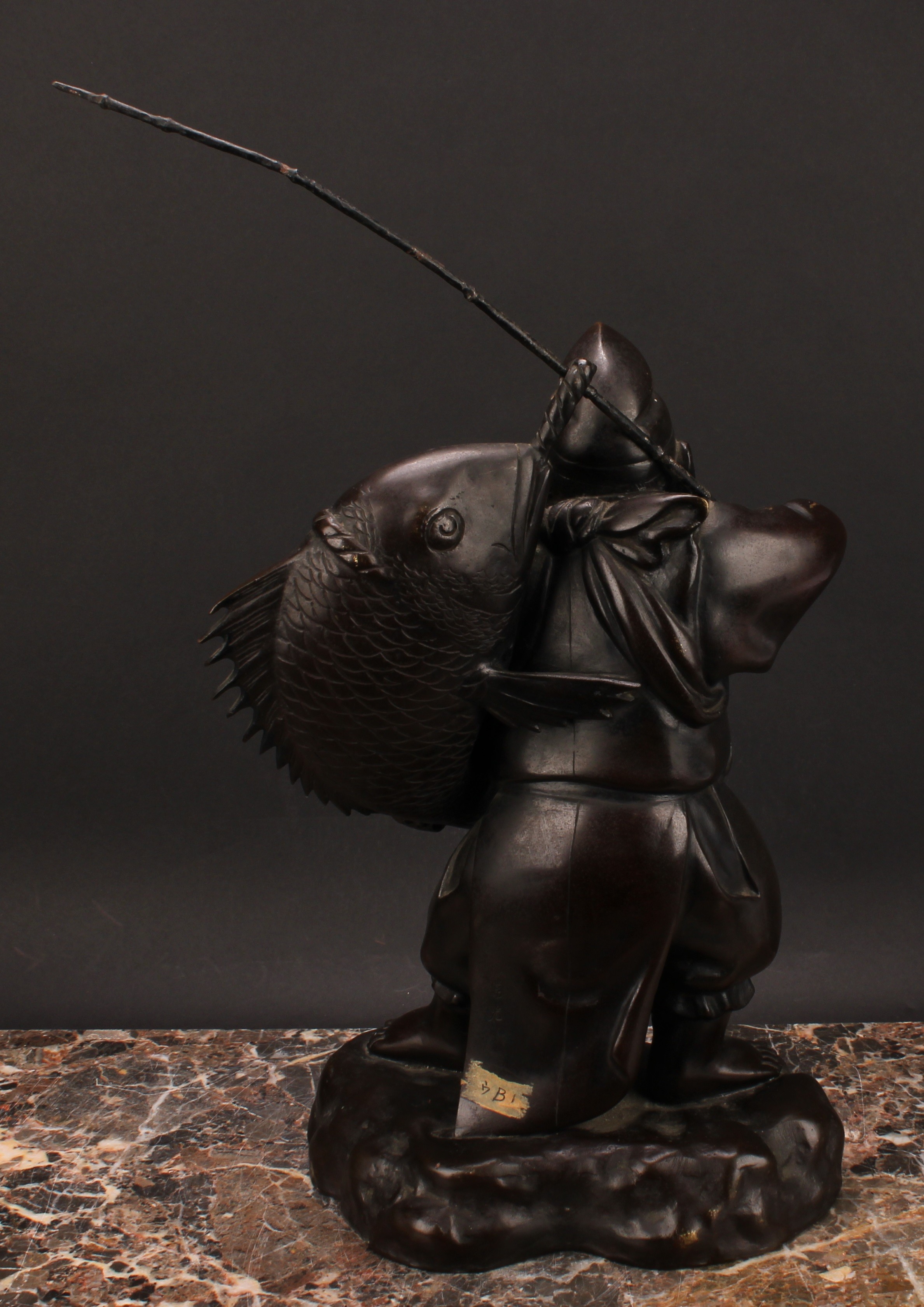 A Japanese bronze figure, Ebisu, the Japanese god of fishermen and luck, 35.5cm high excluding rod - Image 4 of 5