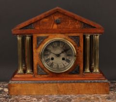 A 19th century oak and pollard oak architectural mantel clock, 13cm silvered dial inscribed with