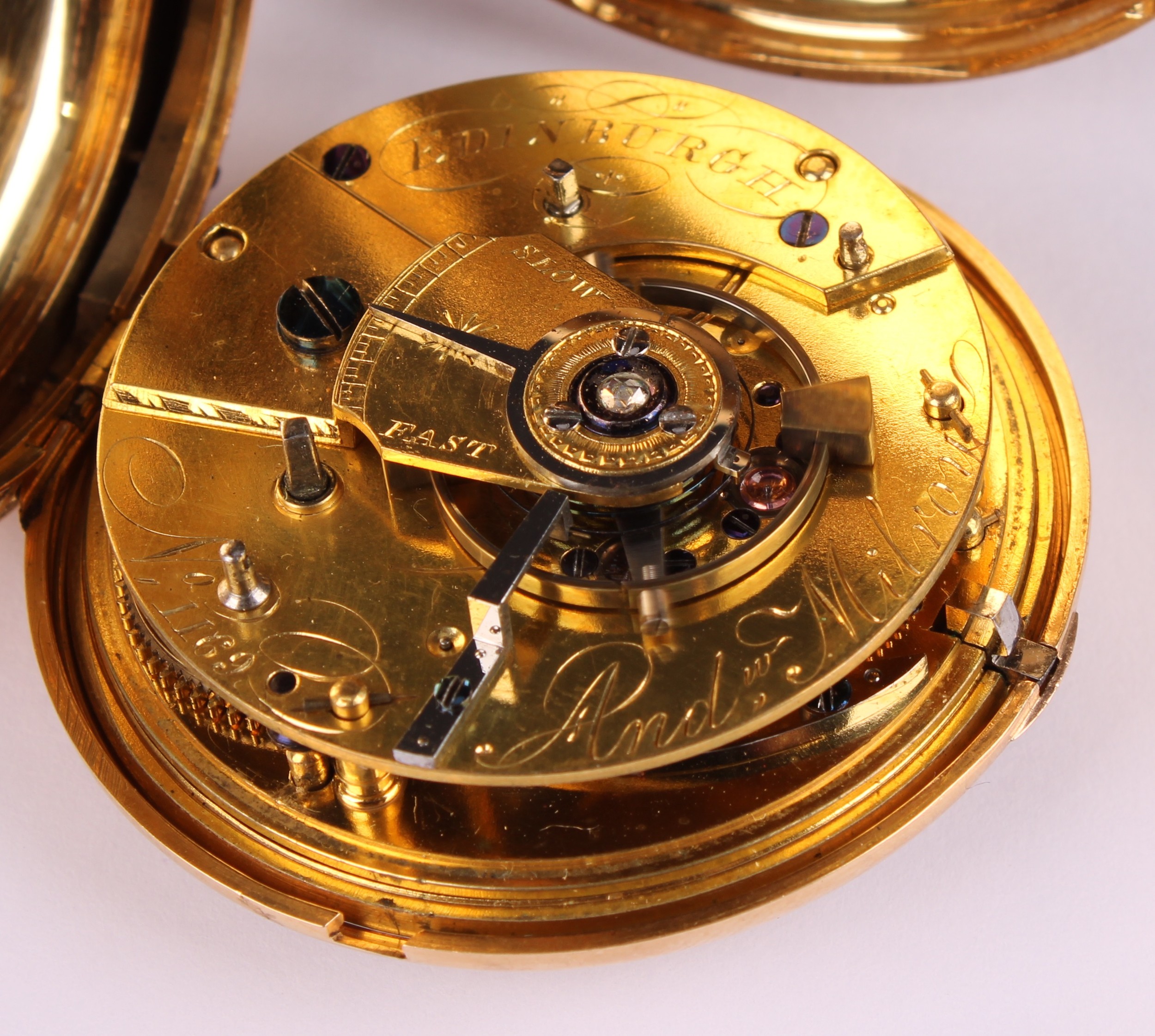 A George III 18ct gold Scottish hunter pocket watch, by Andrew Milroy, Edinburgh, 4.5cm textured - Image 7 of 11