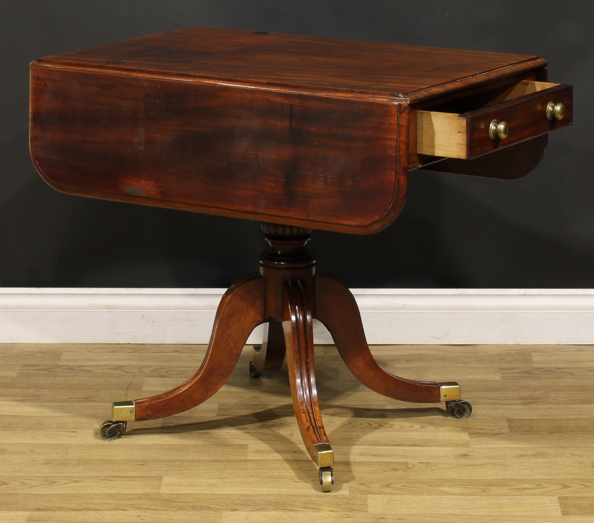 A Post-Regency mahogany Pembroke table, rounded rectangular top with moulded edge above a single - Image 5 of 5