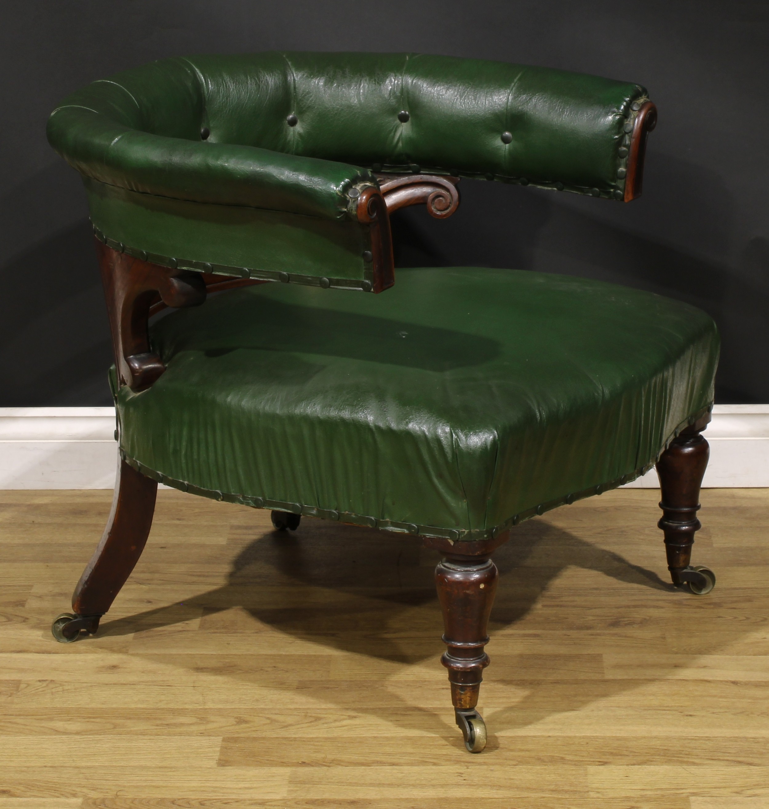 A Victorian rosewood and mahogany club library chair, stuffed-over upholstery, turned forelegs, - Image 2 of 4