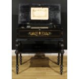 A 19th century Swiss ebonised music box on stand, 32.5cm cylinder playing twelve airs, serpentine