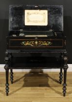 A 19th century Swiss ebonised music box on stand, 32.5cm cylinder playing twelve airs, serpentine