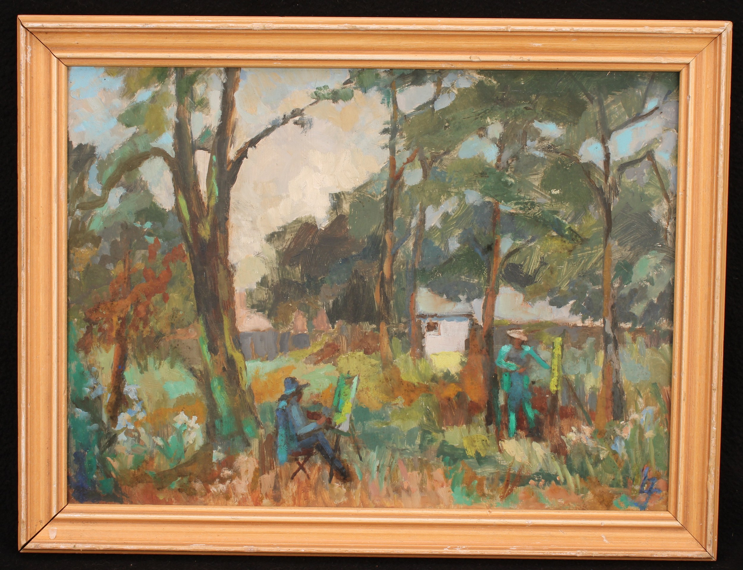 Laure Jessop (20th century) Sketching at Orleans House, signed with monogram, oil on hardboard, 28cm - Image 2 of 3