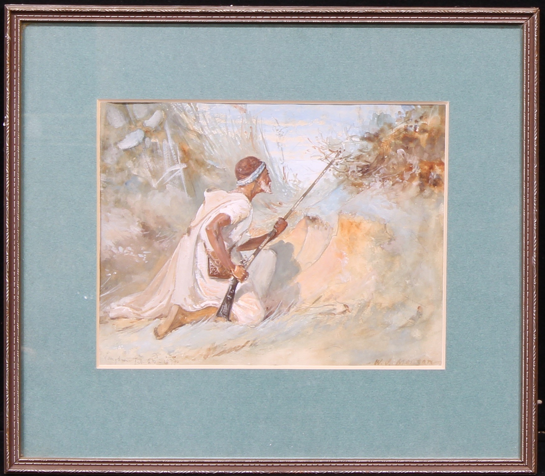 W.J. Morgan (19th century) Moorish Fighter with Jezail, signed and dated 1877, watercolour, 21cm x - Image 2 of 4