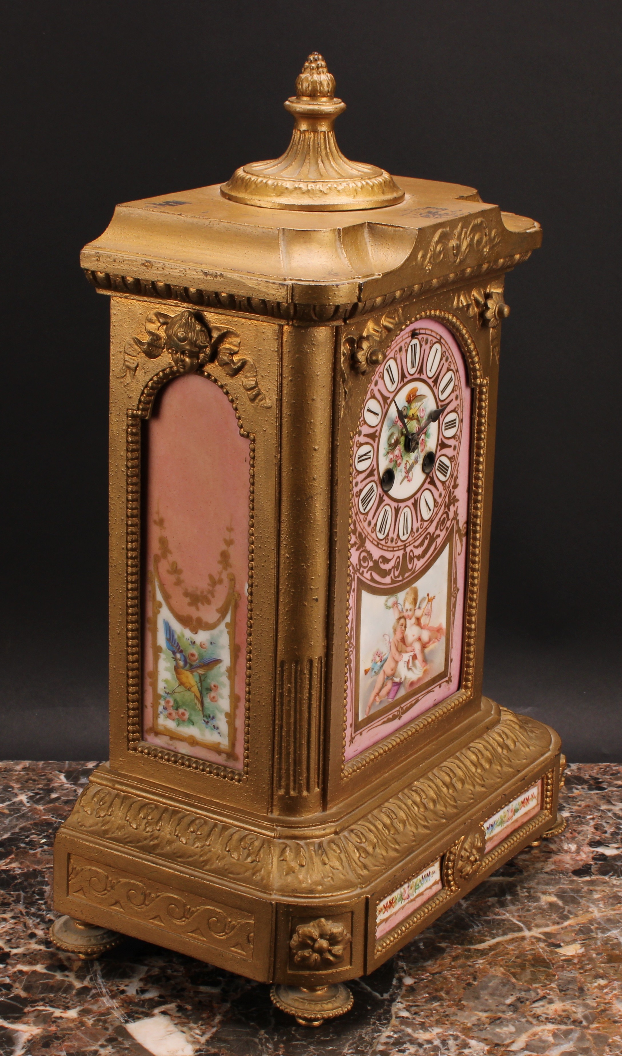 A late 19th century French spelter and porcelain mantel clock, the panel inscribed with Roman - Image 2 of 4