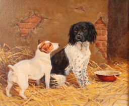 Donna Crawshaw (Bn.1960) Springer Spaniel and Jack Russell Terrier, signed, oil on canvas, 24cm x